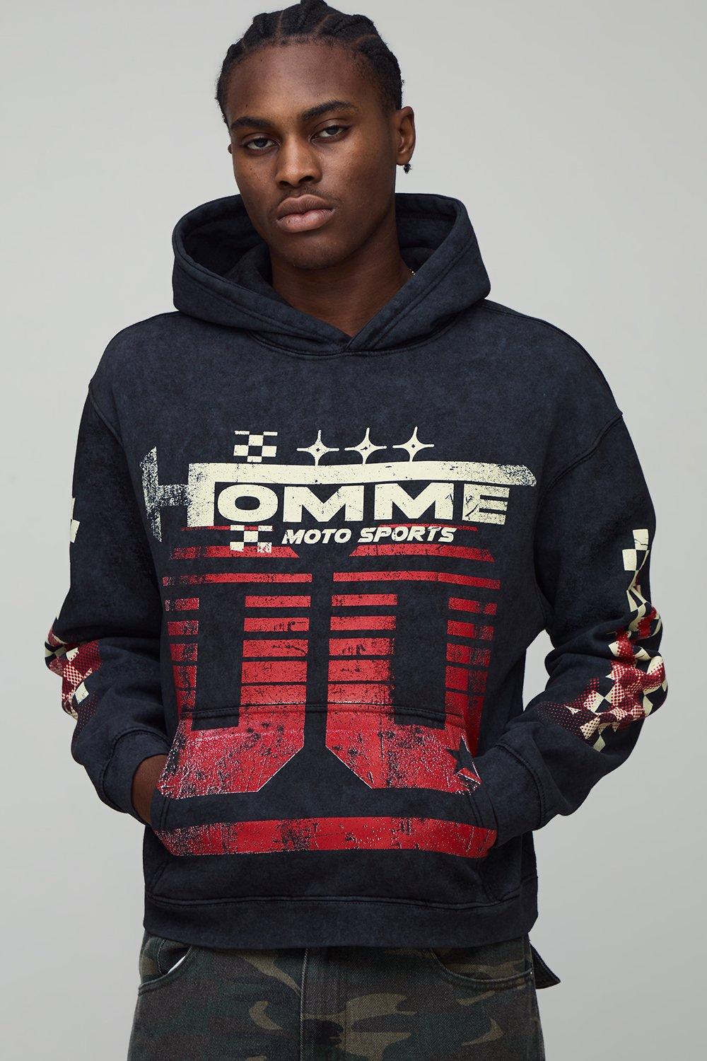 Image of Oversized Boxy Washed Black Moto Racing Graphic Hoodie, Nero