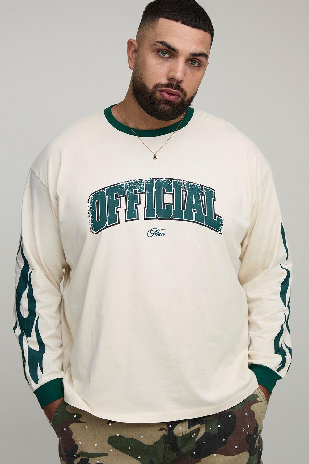 Image of Plus Oversized Official Man Flames Print Long Sleeve Print T-Shirt, Bianco