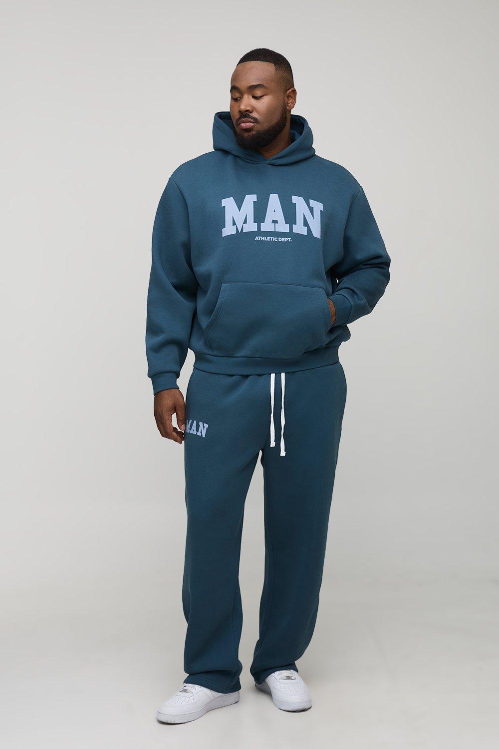 Image of Plus Oversized Boxy Man Print Hoodie & Baggy Fit Jogger Tracksuit, Navy