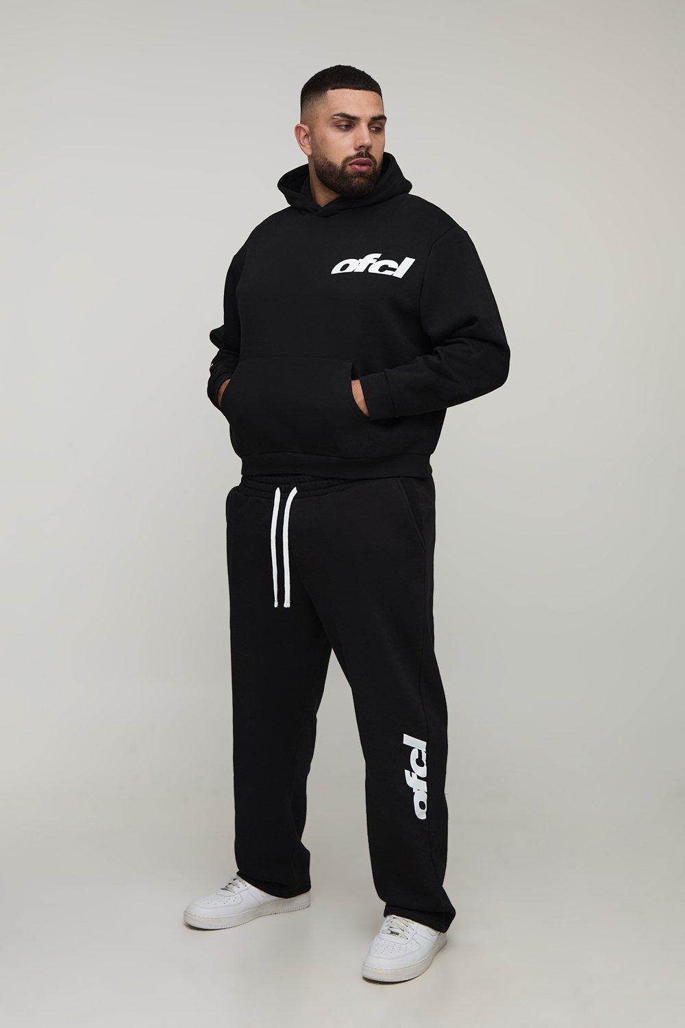 Image of Plus Oversized Boxy OFCL Print Hoodie & Baggy Fit Extended Drawcord Jogger Tracksuit, Nero