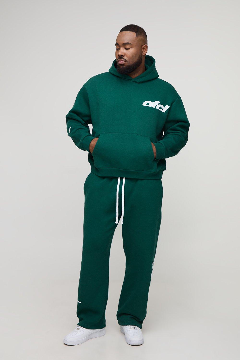 Image of Plus Oversized Boxy OFCL Print Hoodie & Baggy Fit Extended Drawcord Jogger Tracksuit, Verde