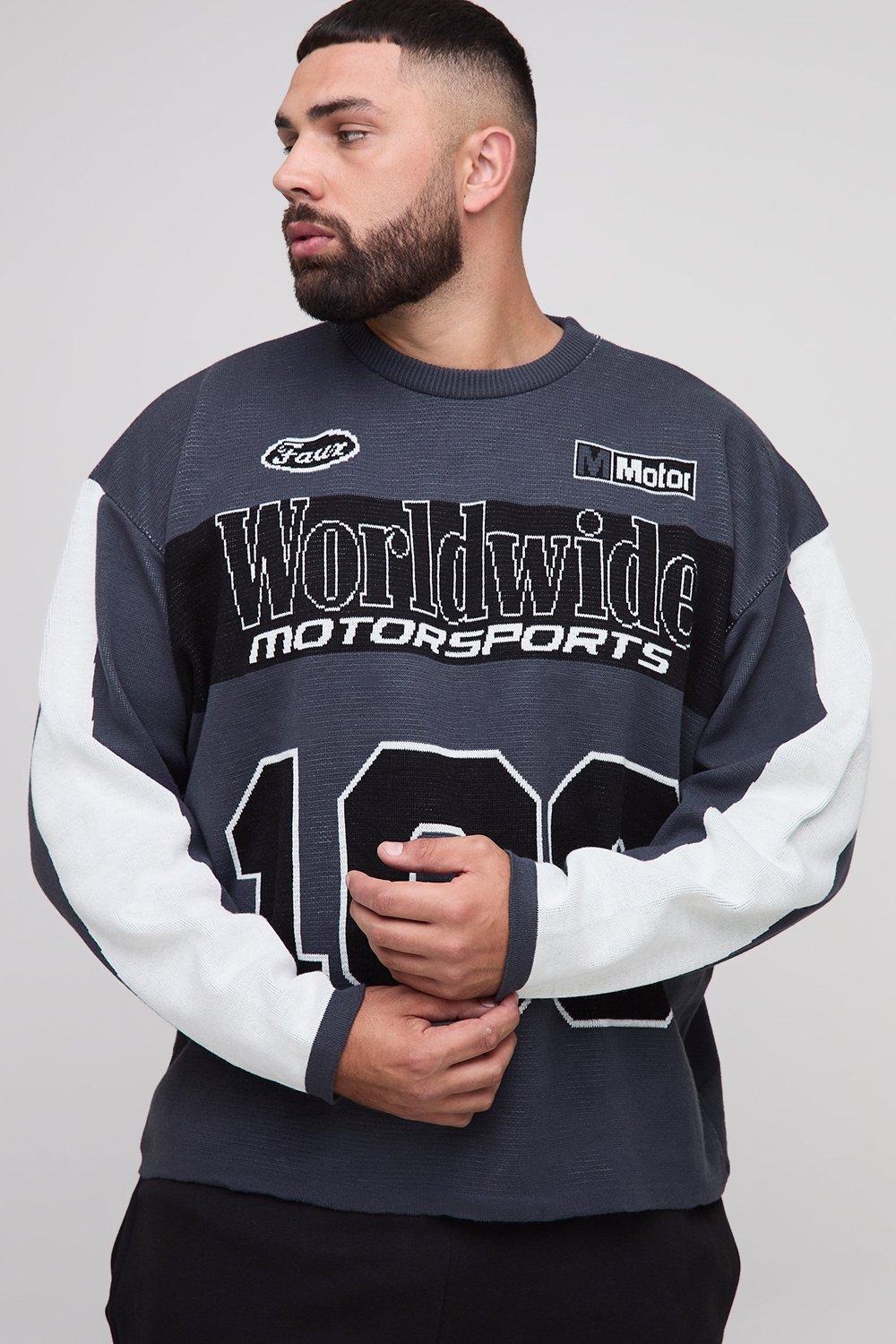 Mens Black Plus Oversized Moto 100 Long Sleeve Knitted T-Shirt, Black