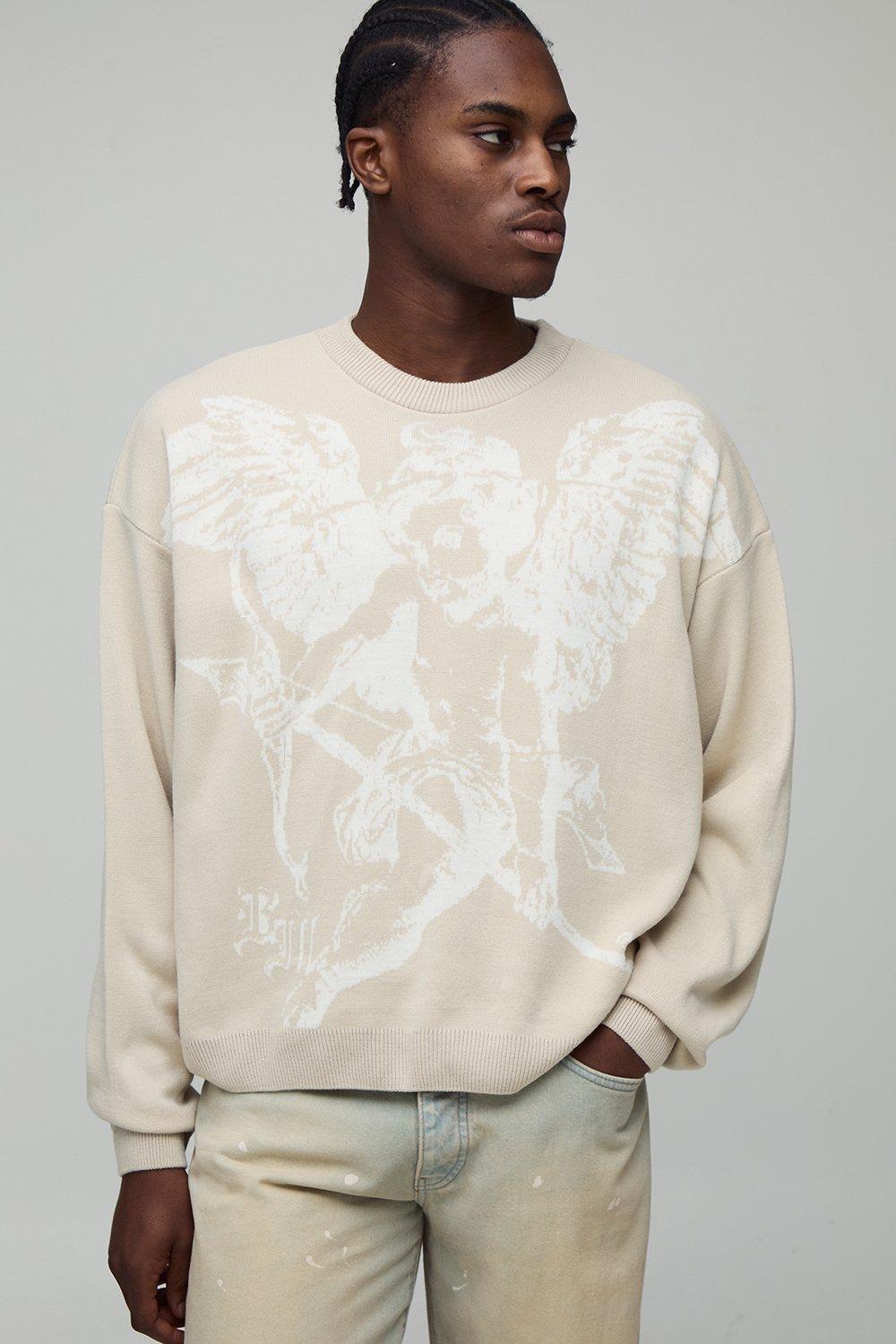 Mens Cream Oversized Boxy Renaissance Jacquard Knitted Jumper, Cream