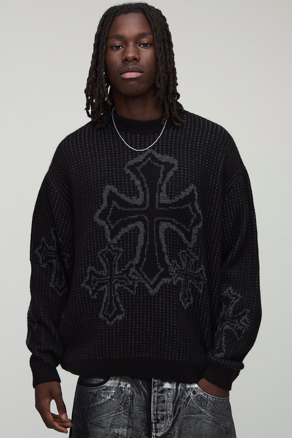Image of Oversized Boxy Fluffy Cross Jacquard Knitted Jumper, Nero