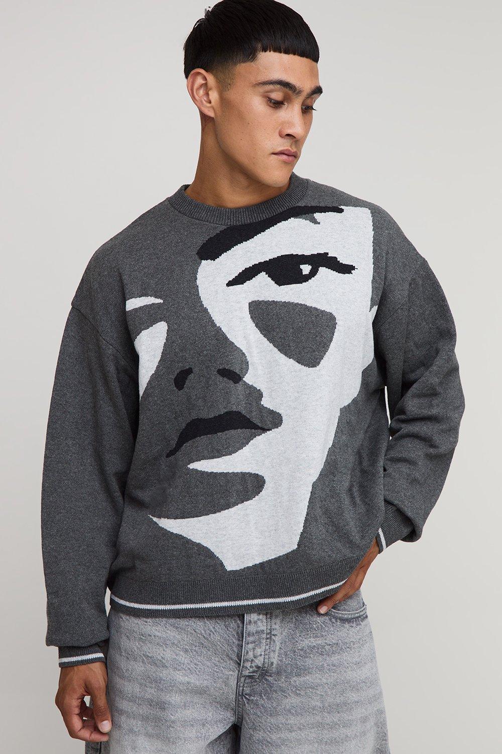 Image of Oversized Boxy Face Jacquard Knitted Jumper, Grigio