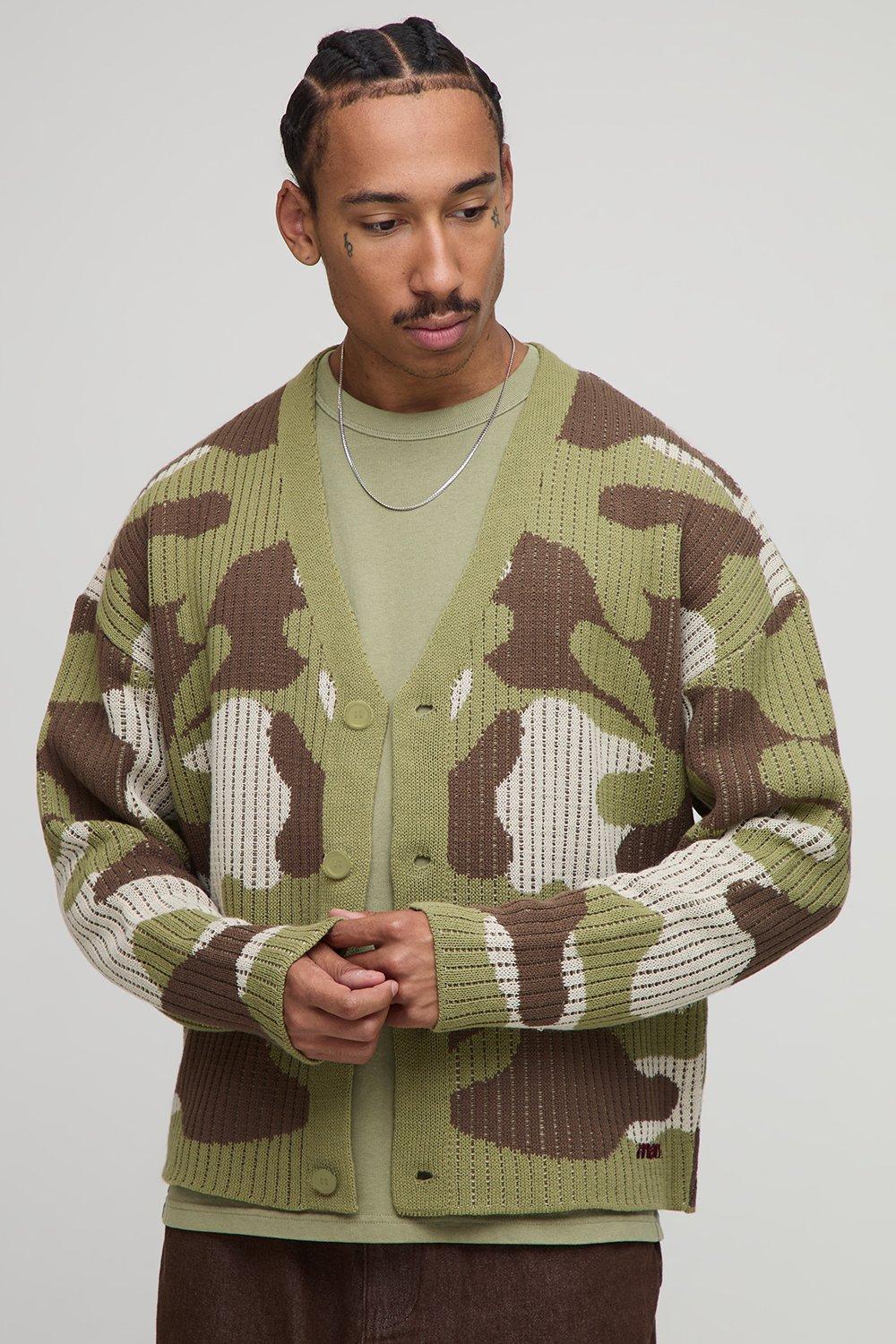 Image of Oversized Boxy Ribbed Camo Knitted Cardigan, Verde