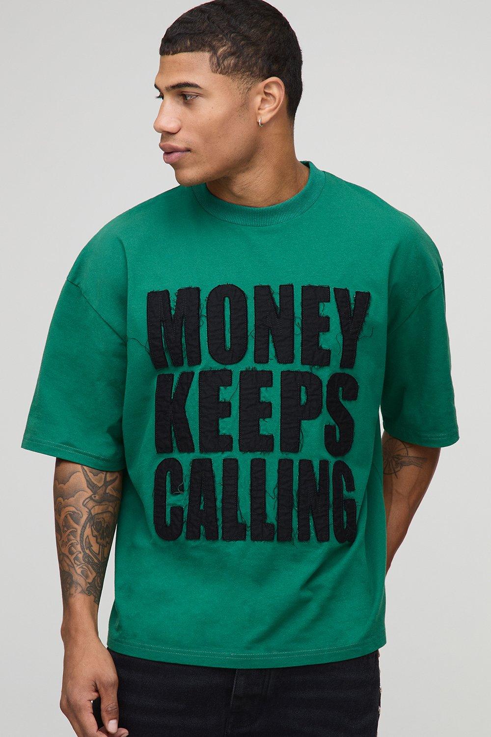 Image of Oversized Boxy Money Slogan Distressed Applique T-Shirt, Verde
