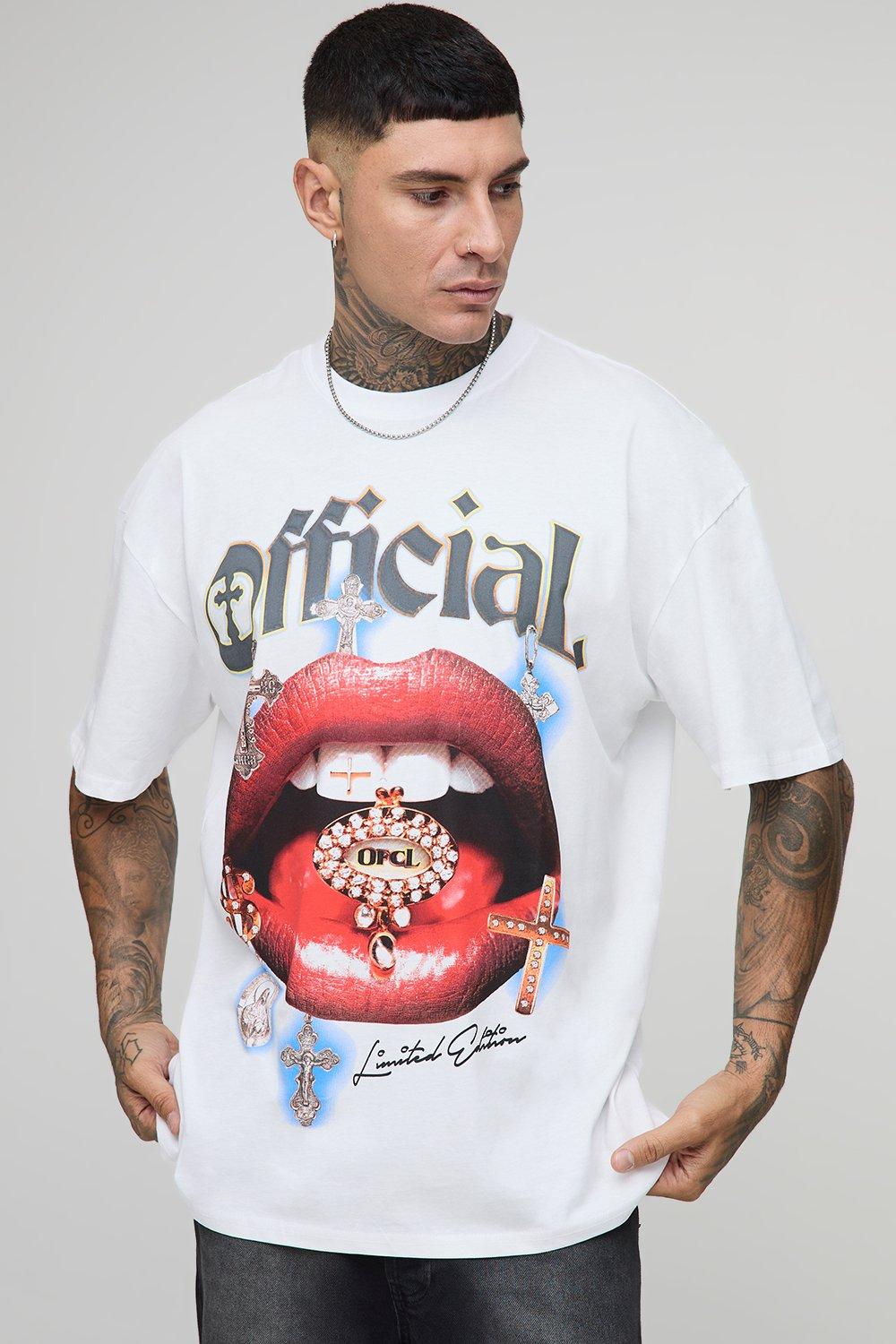 Image of Tall Official Lips Print Oversized T-shirt in White, Bianco