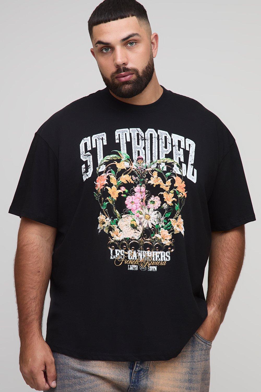 Image of Plus Oversized Extended Neck St. Tropez Floral Print T-Shirt, Nero