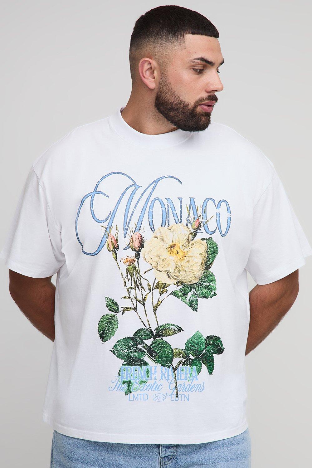 Image of Plus Oversized Extended Neck Monaco Floral Print T-Shirt, Bianco