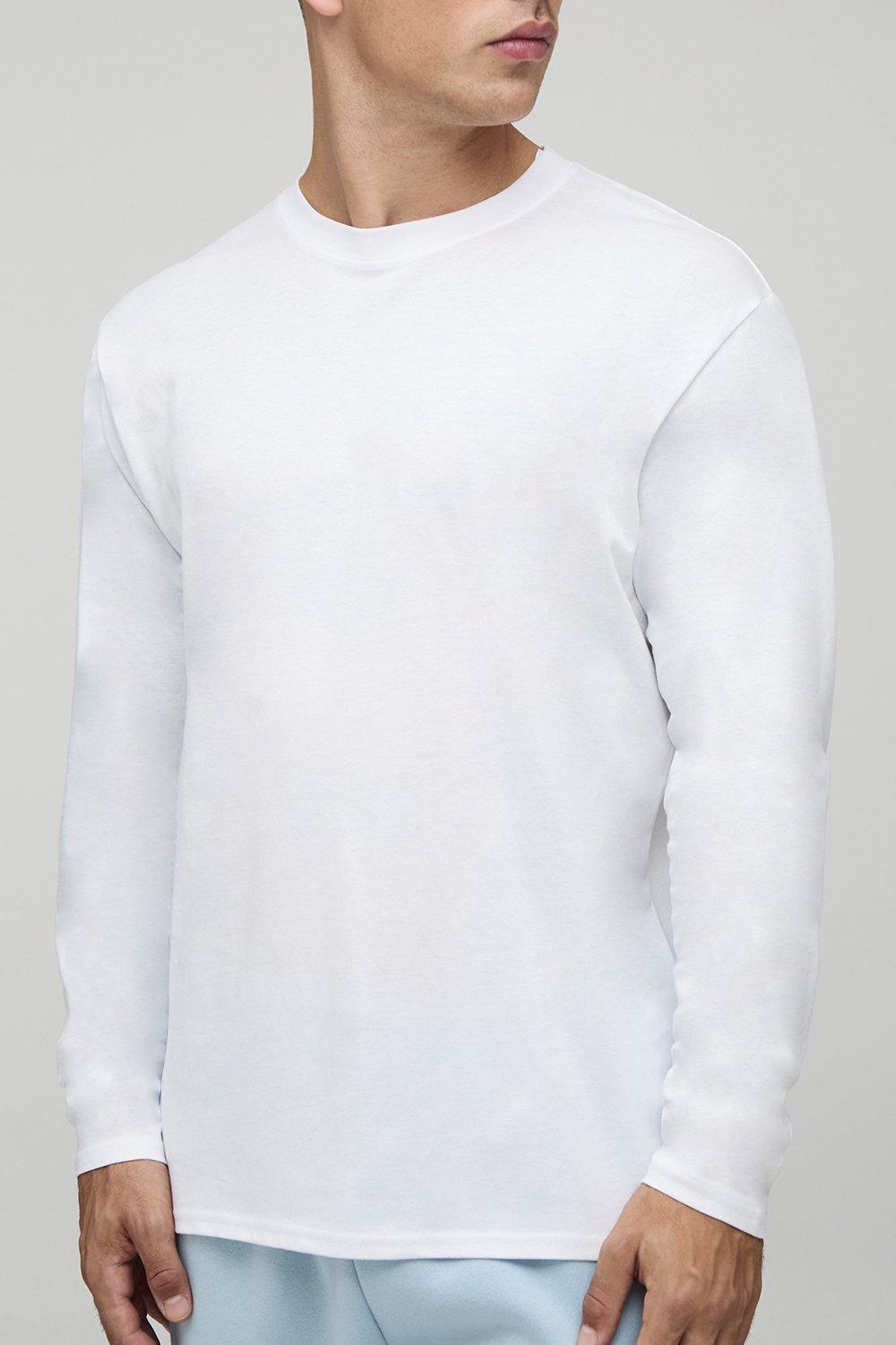 Image of Basic Long Sleeve Regular Fit Crew Neck T Shirt, Bianco