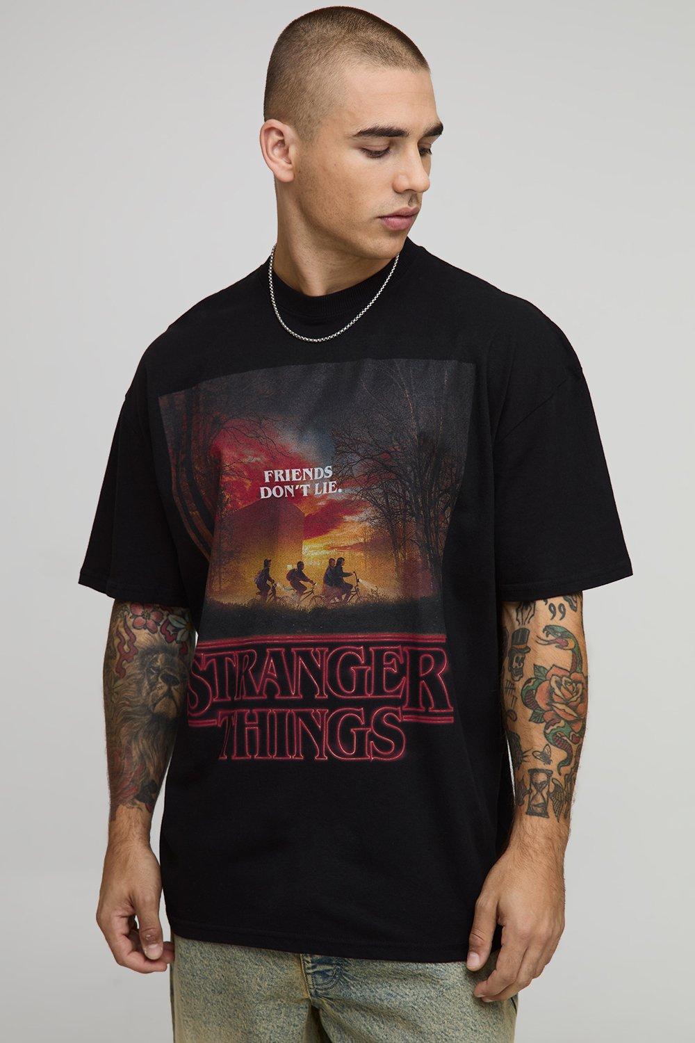 Image of Black Oversized Stranger Things Washed License Printed T-Shirt, Nero