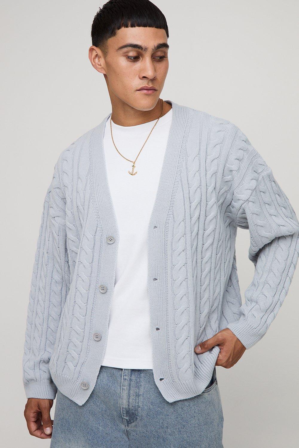 Image of Oversized Boxy Cable Knit Cardigan, Grigio