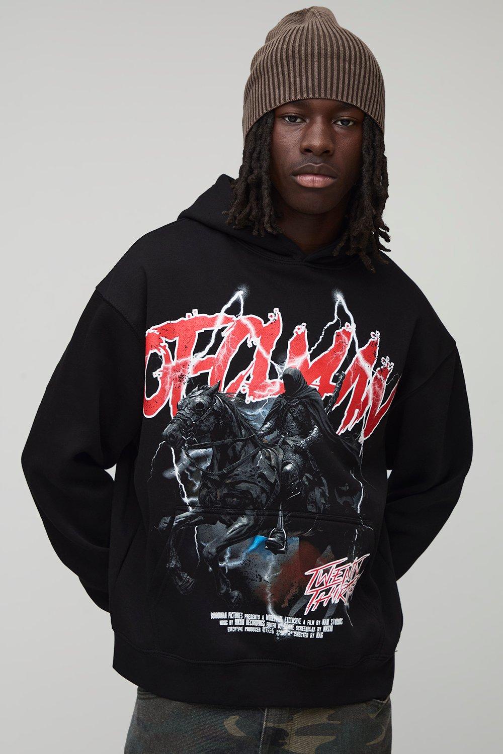 Image of Black Oversized Boxy Ofcl Man Printed Hoodie, Nero