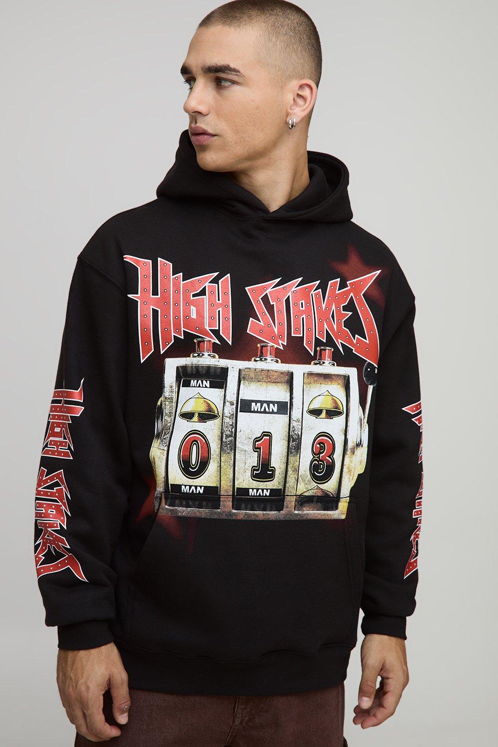 Image of Black Oversized Slot Machine Printed Hoodie, Nero