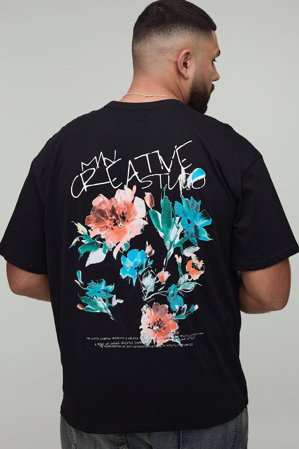 Image of Plus Oversized Man Doodle Floral Print T-Shirt, Nero