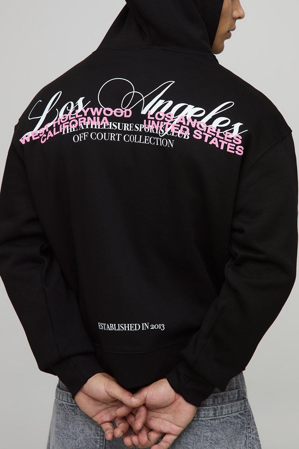 Image of Black Oversized Boxy Zip Through Los Angeles Puff Print Hoodie, Nero