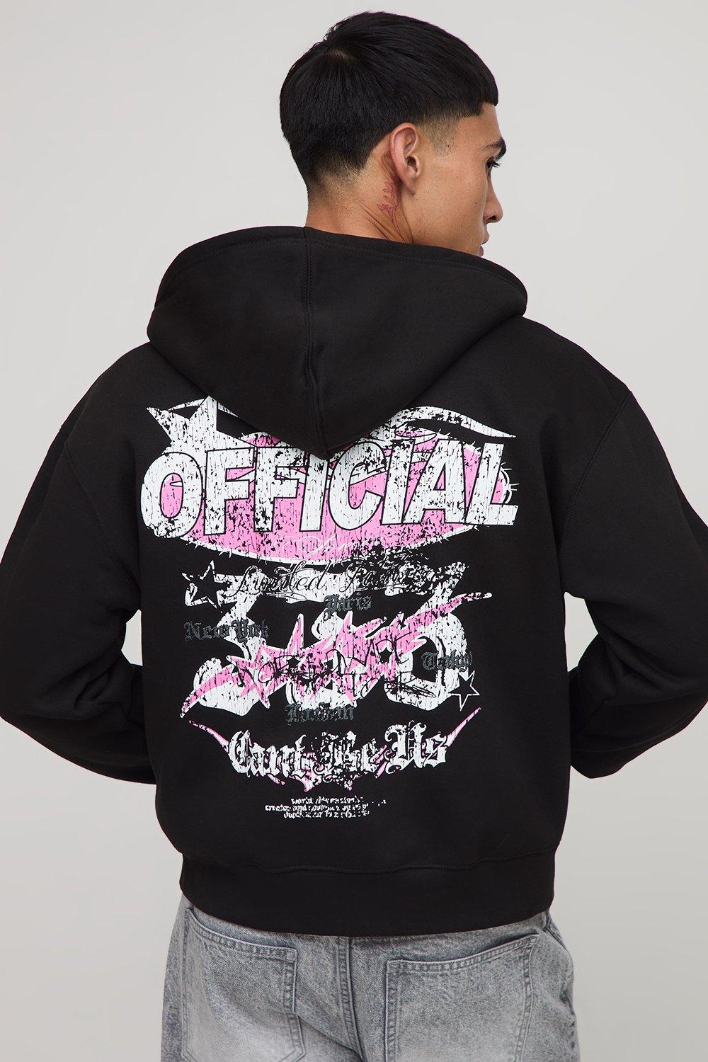 Image of Black Oversized Boxy Zip Through Official Moto Star Printed Hoodie, Nero
