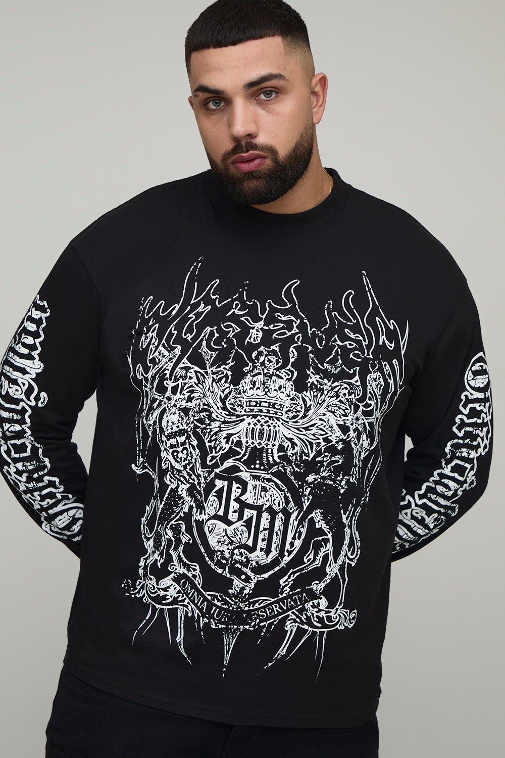 Mens Black Plus Oversized Extended Neck Gothic BM Crest Long Sleeve T-Shirt, Black