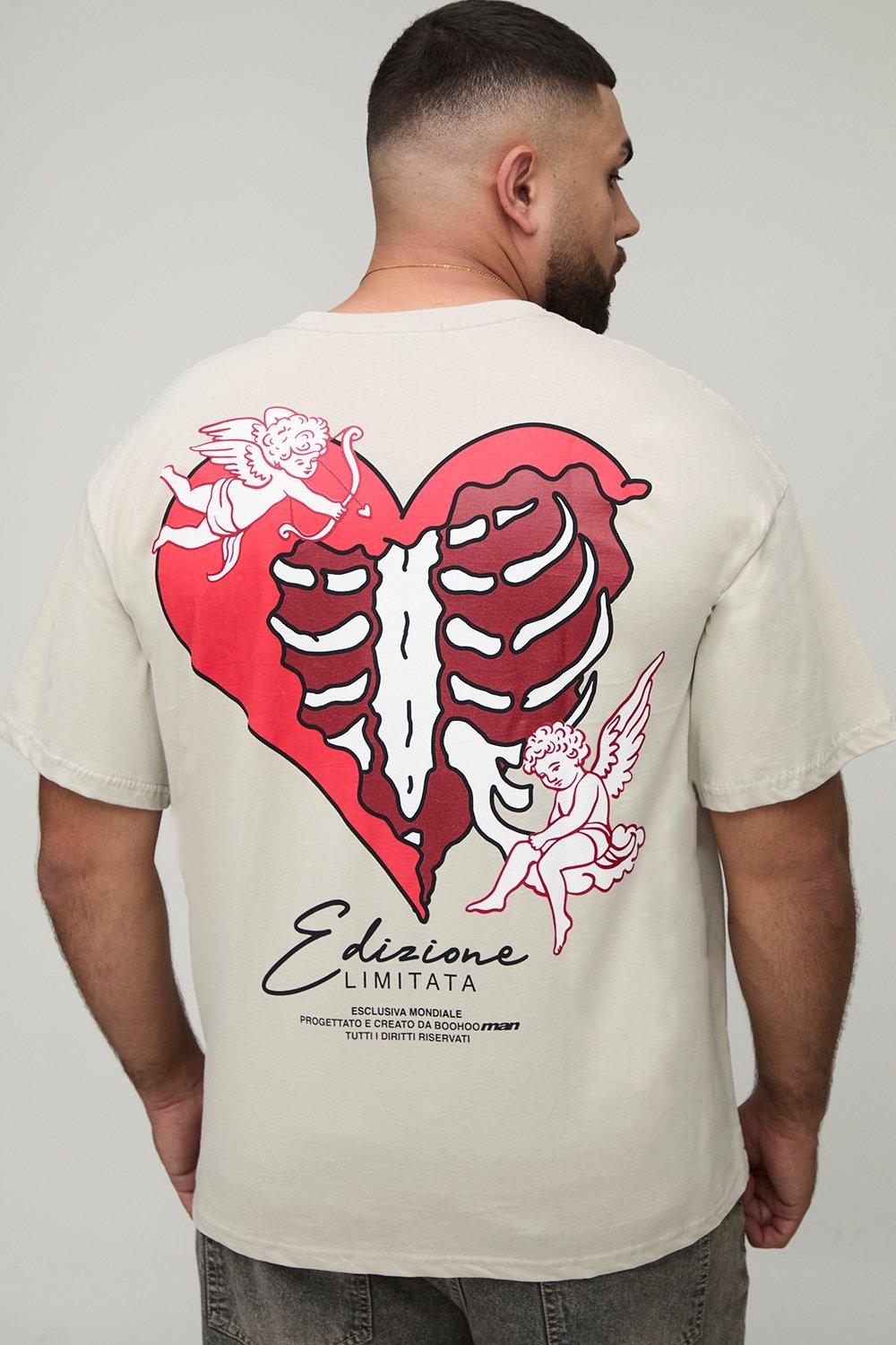Image of Plus Oversized MAN Skeleton Heart Print T-Shirt, Beige