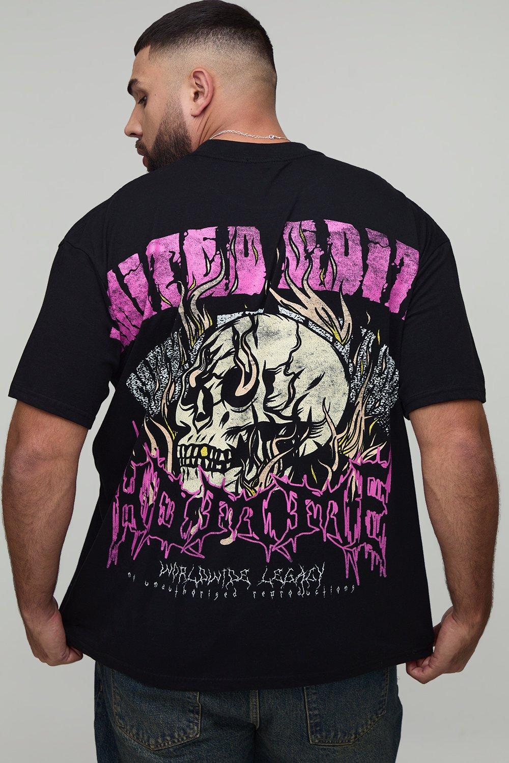 Image of Plus Oversized Extended Neck Over The Seam Gothic Back Print T-shirt, Nero
