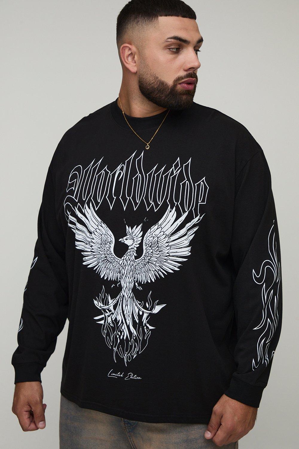 Image of Plus Oversized Extended Neck Gothic Worldwide Print Long-sleeve T-Shirt, Nero