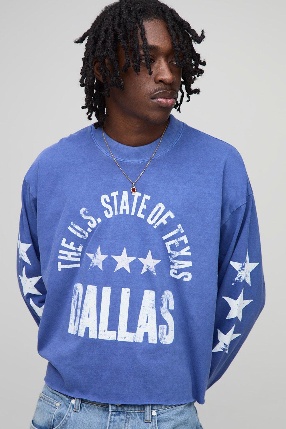Image of Oversized Shrunken Boxy Dallas Star Raw Hem Long Sleeve Washed T-Shirt, Navy