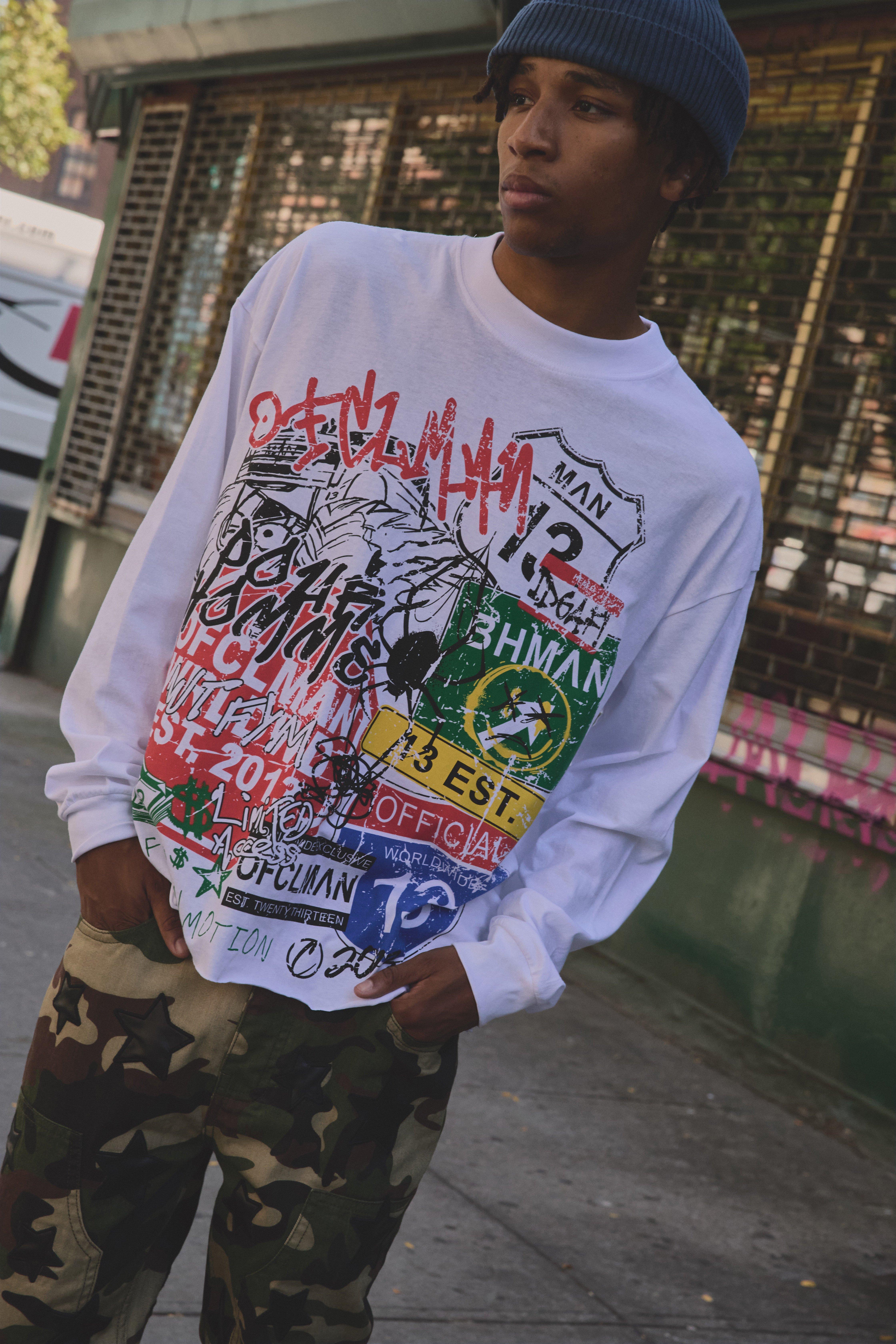 Image of White Oversized Boxy Raw Hem Graffiti Long Sleeve Printed T-Shirt, Bianco