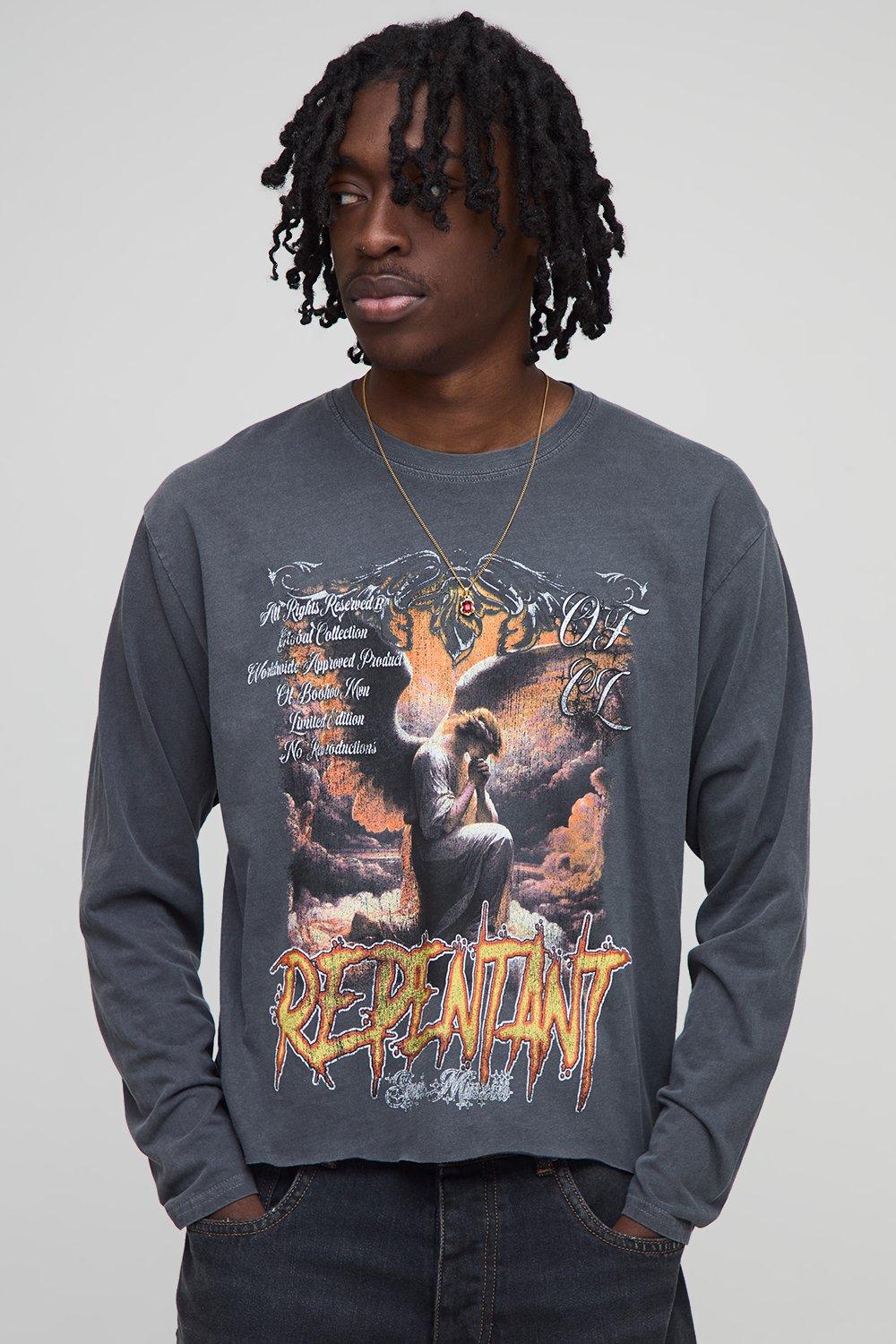 Image of Washed Charcoal Shrunken Boxy Raw Edge Long Sleeve Printed T-Shirt, Grigio