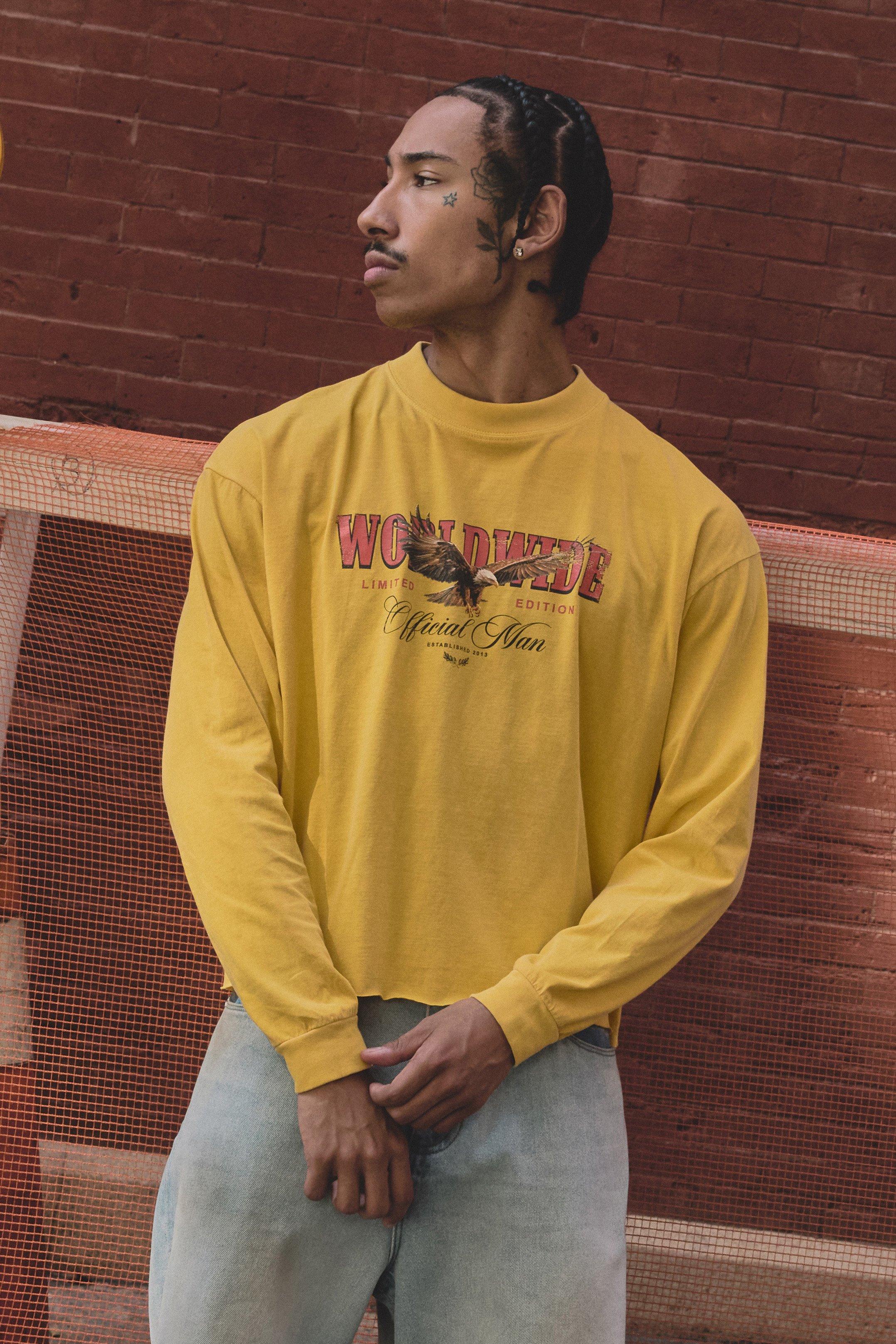 Image of Oversized Shrunken Boxy Raw Hem Eagle Long Sleeve Washed Graphic T-Shirt, Giallo