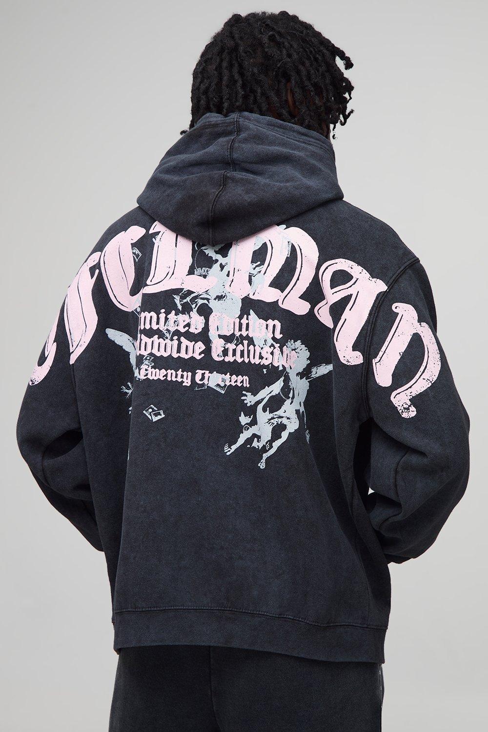Image of Washed Black Oversized OFCL Man Over Seams Printed Hoodie, Nero