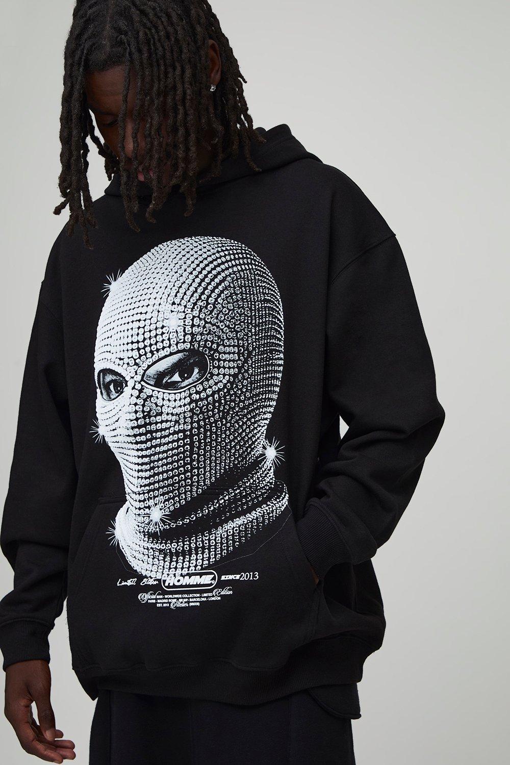 Mens Black Oversized Rhinestone Mask Printed Hoodie, Black