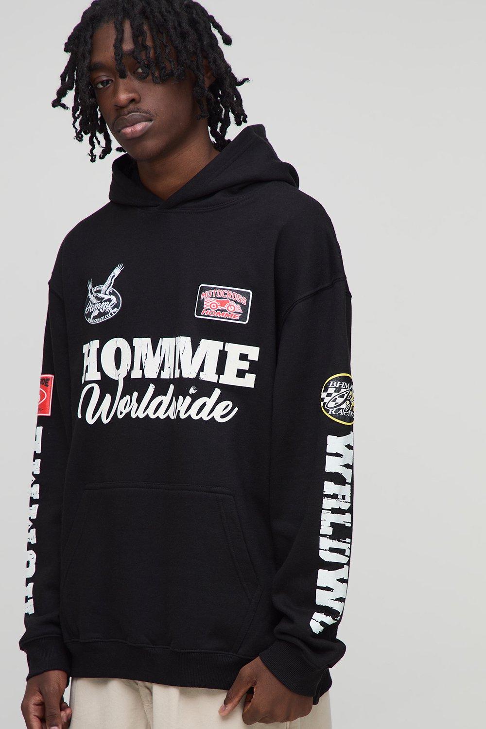 Image of Black Oversized Puff Print Moto Badge Printed Hoodie, Nero