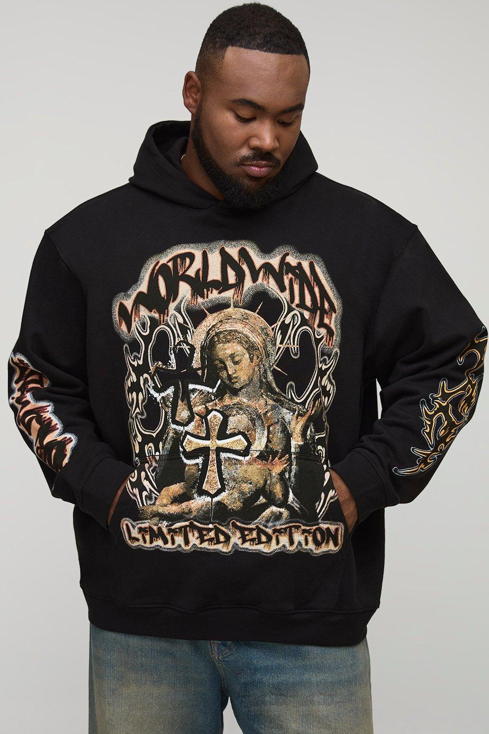 Image of Plus Oversized Gothic Renaissance Print Hoodie, Nero