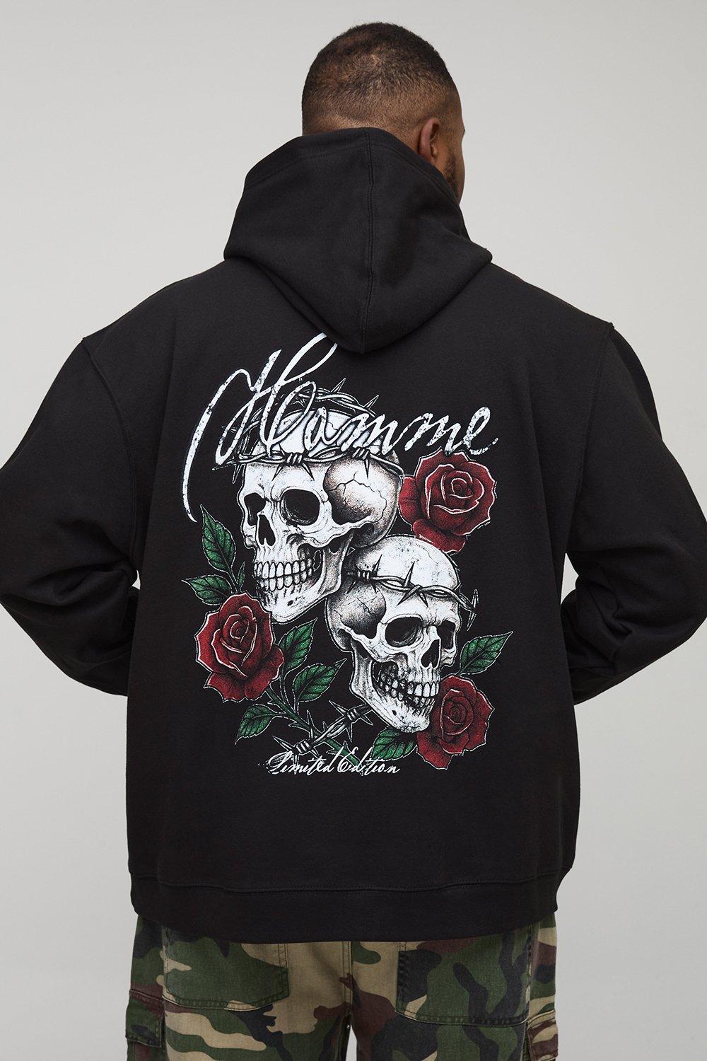 Image of Plus Oversized Gothic Skull Floral Print Hoodie, Nero