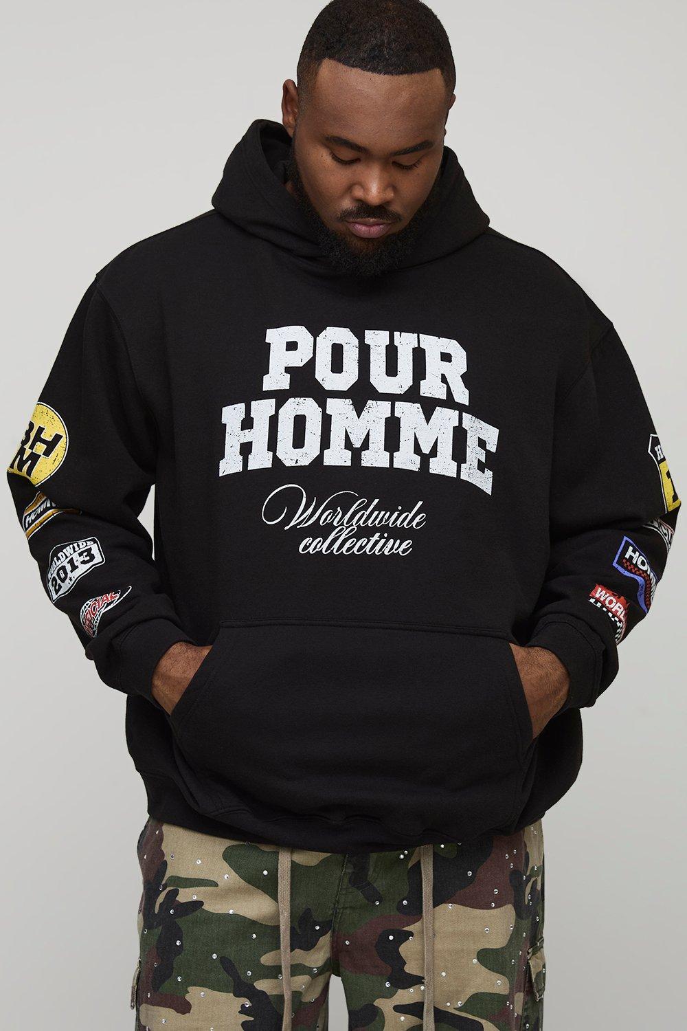 Image of Plus Oversized Pour Homme Moto Print Hoodie, Nero