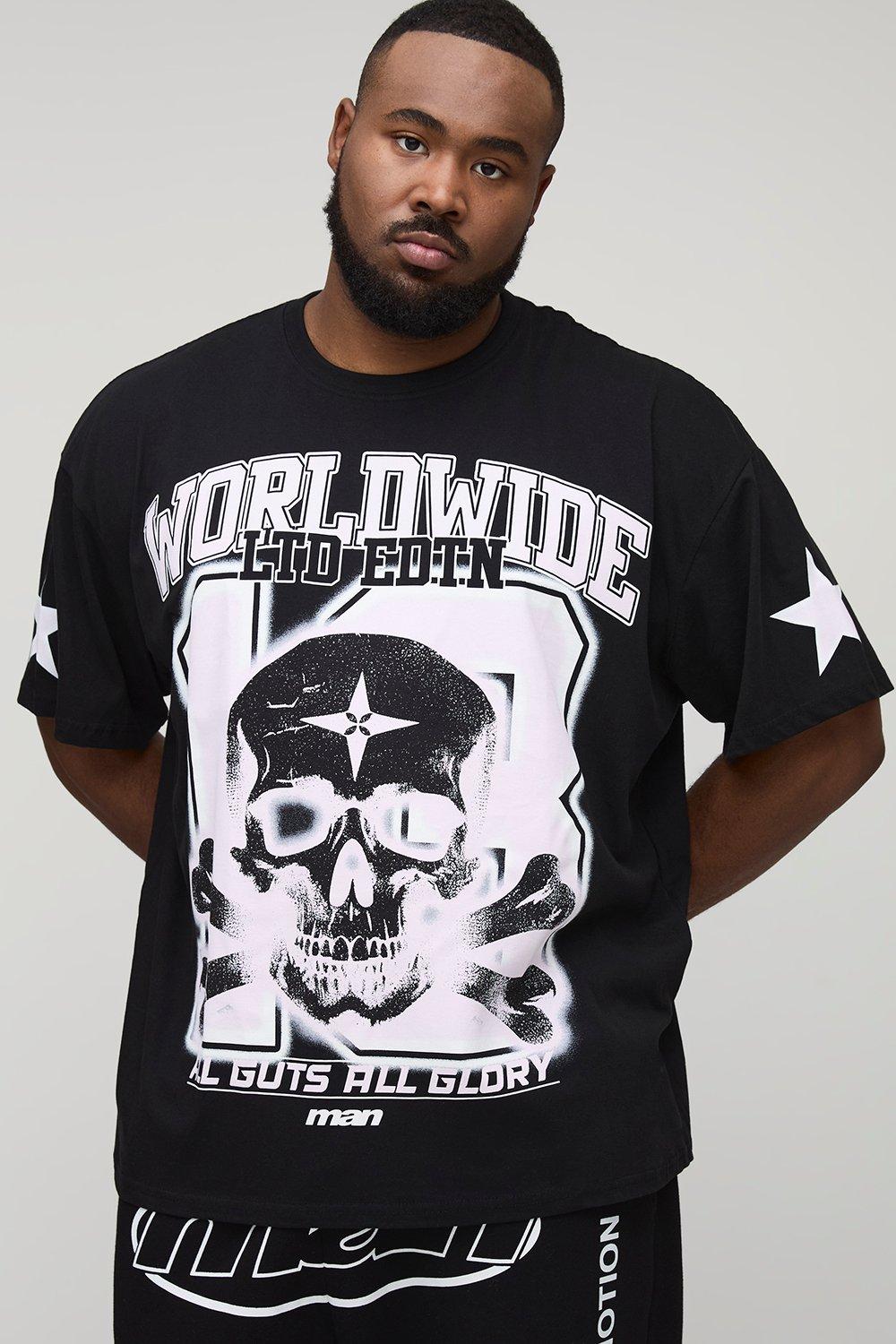 Image of Plus Oversized Worldwide Gothic Skull Print T-Shirt, Nero