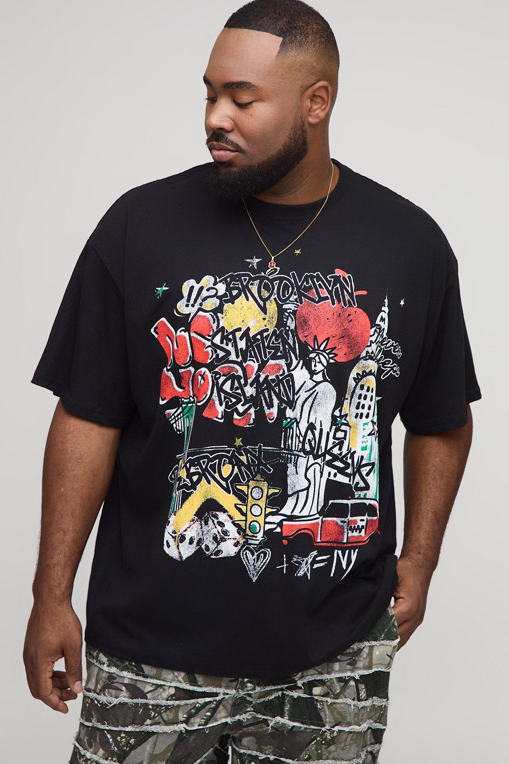 Image of Plus Oversized New York Doodle Graffiti Print T-Shirt, Nero