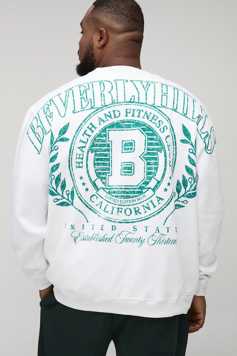 Image of Plus Oversized Beverly Hills Over The Seams Print Sweatshirt, Bianco