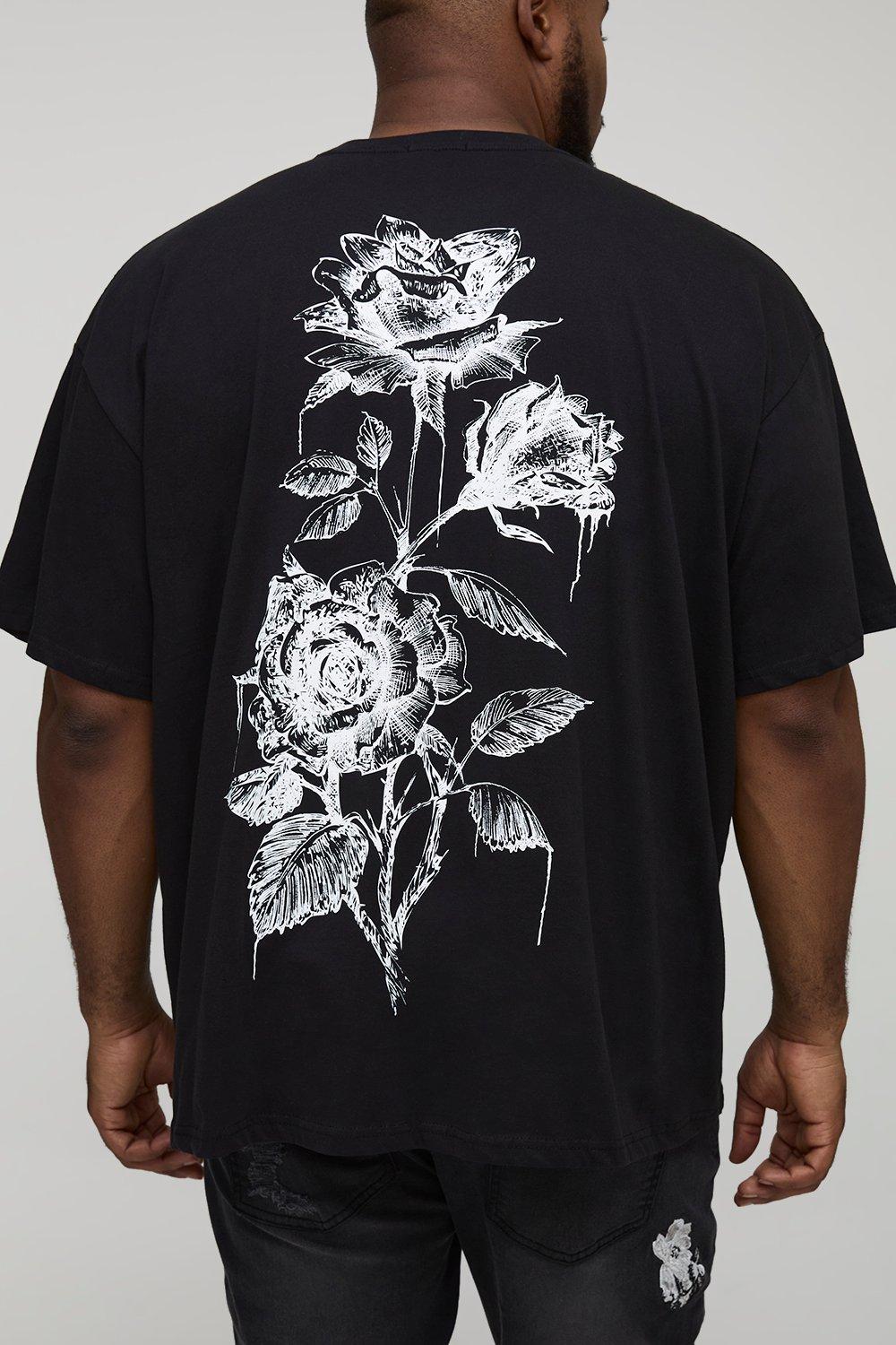 Image of Plus Oversized Floral Line Drawing Print T-Shirt, Nero