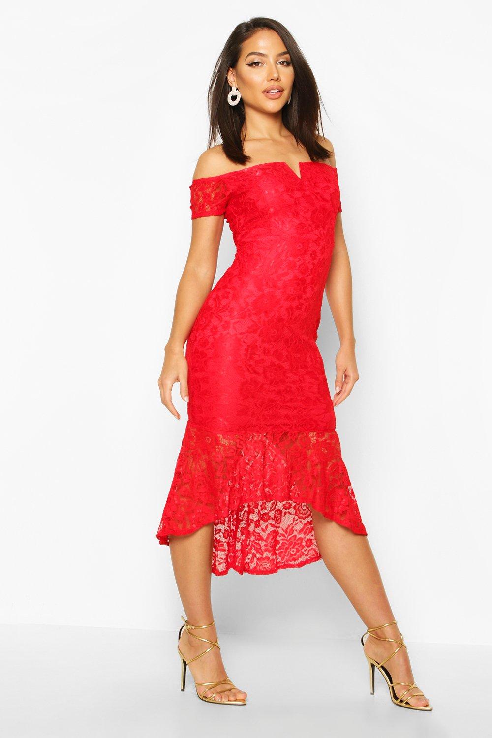 red bardot fishtail dress