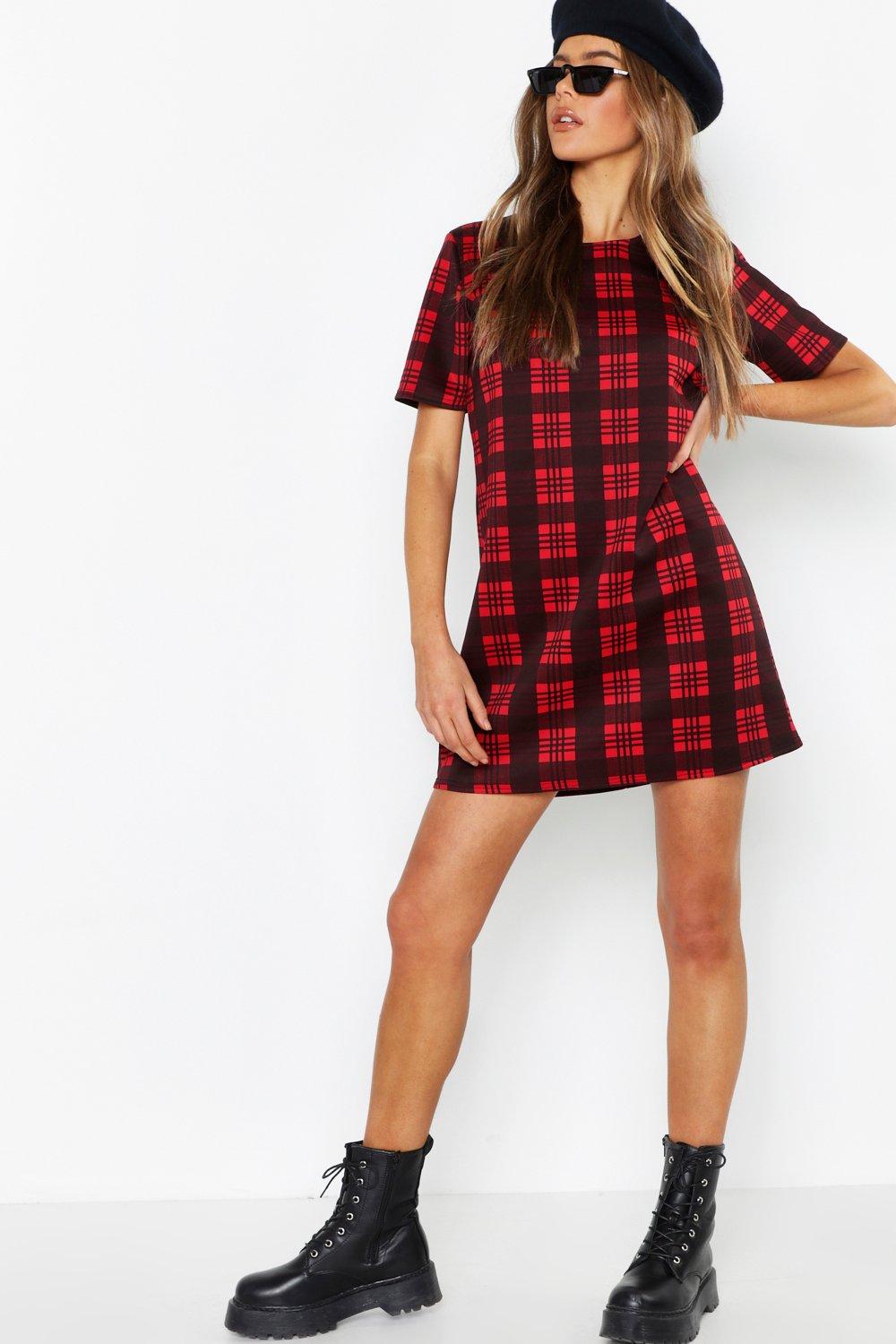 red tartan shift dress