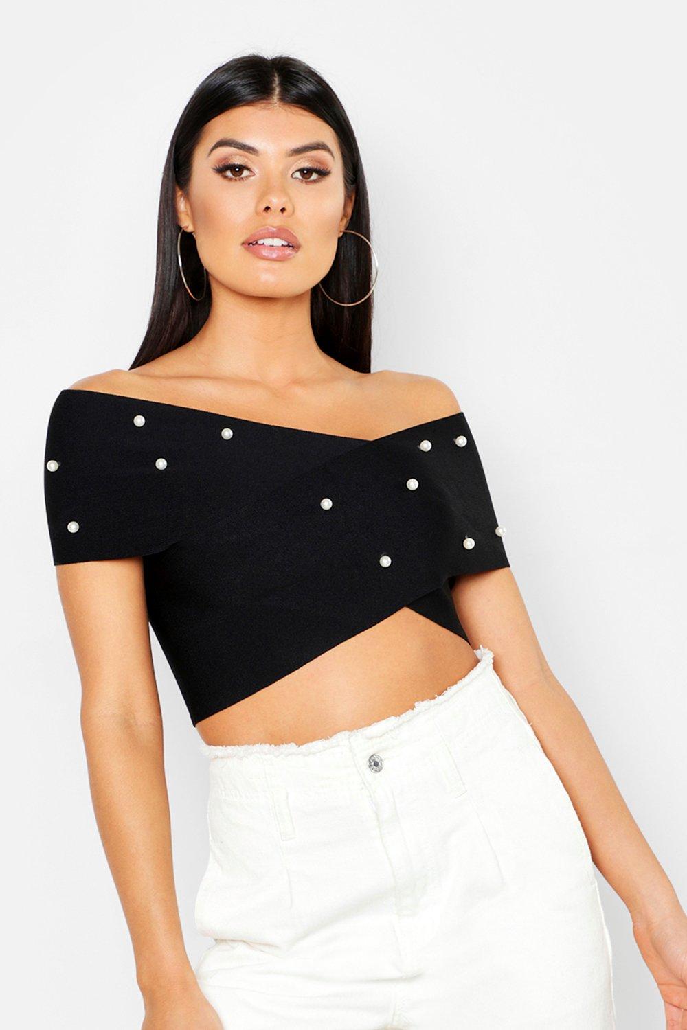 

Pearl Detail Bandage Wrap Crop Top, Black