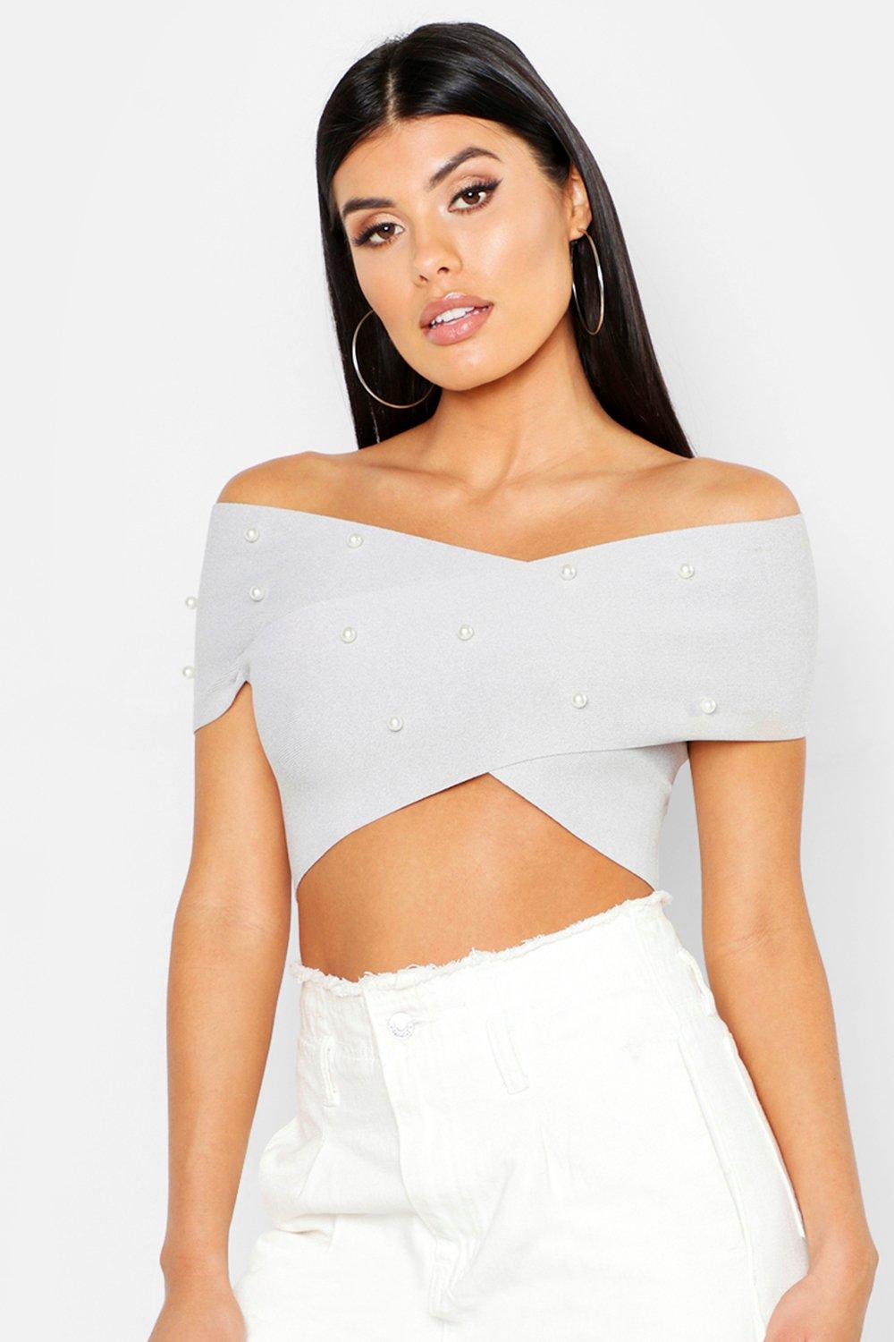 

Pearl Detail Bandage Wrap Crop Top, Grey