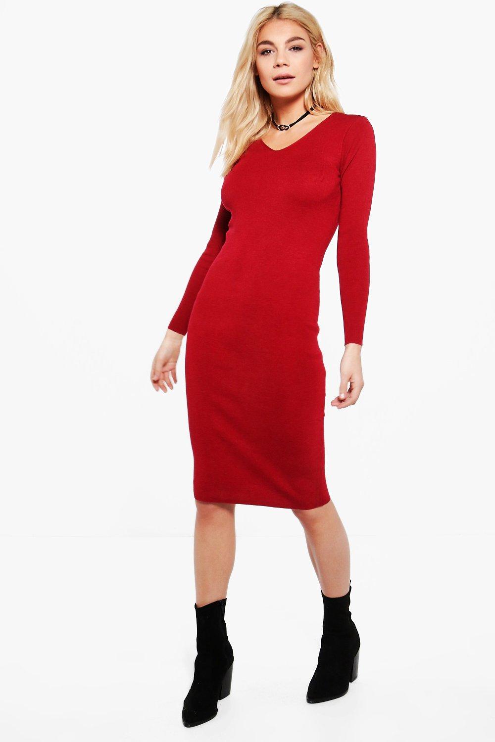 red knit midi dress