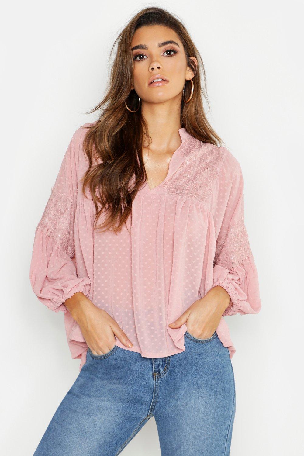 

Кружевной свободный топ со сборками из ткани добби, Blush