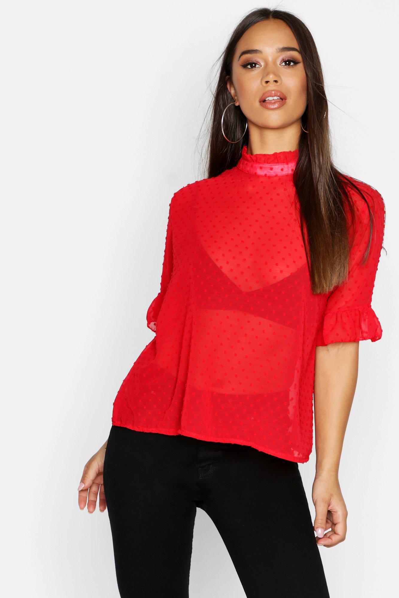 

Свободный топ из ткани добби в горошек, Red