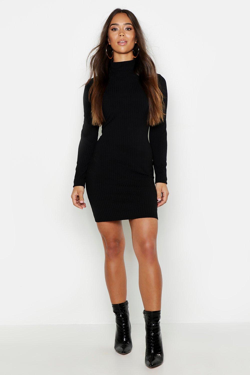 high neck long sleeve black dress