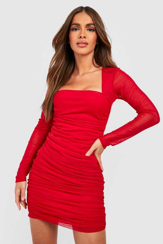 Ruched boohoo dress bodycon neck mesh square