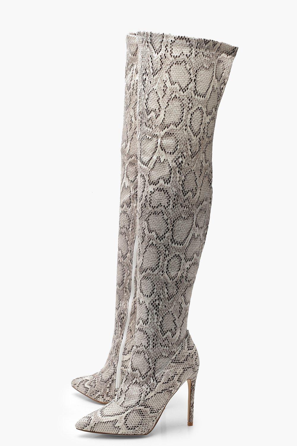 snake print over the knee boots